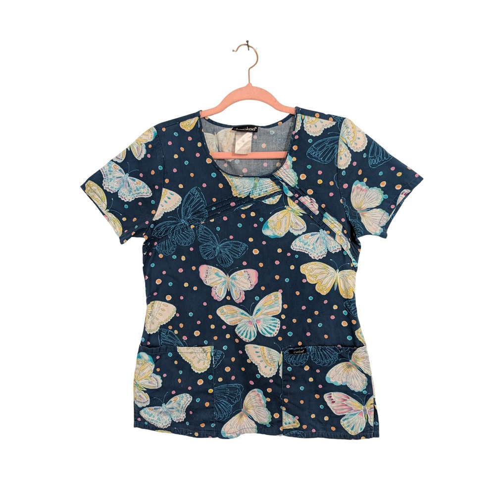 Cherokee Butterfly Polka Dot Scrub Top Womens Small Blue Cotton 3823 BONF